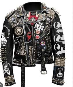 <b>Gothic</b> Punk Studded Rivet Premium Cowhide Unisex Motorcycle Leather <b>Jacket</b> with Solid Winter Design Logos and Color Combination - Product Image 1