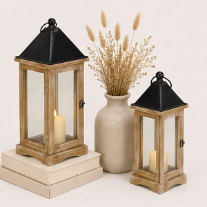 Farmhouse Decorative Wooden <b>Lantern</b> <b>Set</b> with Metal Top Rustic Vintage Wood Candle Holder for Home Decor Garden Light - Product Image 4