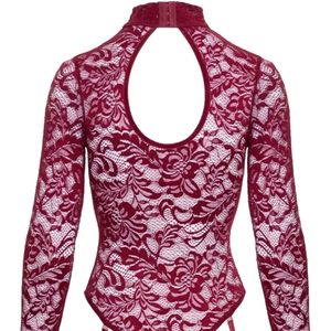 Body en dentelle rouge pour femme avec découpes, lingerie sexy transparente à manches longues, col montant et jarretelles - Product Image 5