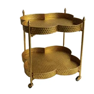 Gold Iron Barware Serving Trolley For Hotels Home Living Room Decorative Lunch and Dinner Serving Cart Trolley with 2 tier