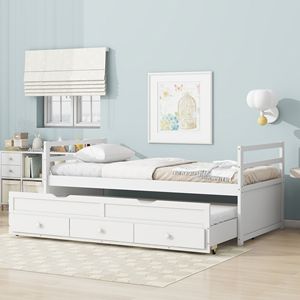 Letto singolo in legno di pino con testiera e pediera grigie, include tre cassetti contenitore e letto estraibile per bambini - Product Image 2