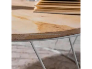 Mesa de Centro Moderna Redonda de Madera de Mango con Base de Alambre |   Superficie de Madera |   Mesa Decorativa para Sala de Estar |   Mesa Auxiliar Contemporánea - Product Image 3