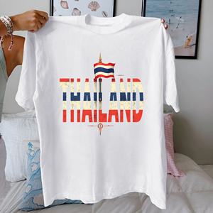 เสื้อยืดแขนสั้นคอกลมผ้าถักพิมพ์ลายธงชาติไทยสไตล์วินเทจสำหรับผู้หญิง ผ้าฝ้ายแท้ 100% สวมใส่สบายสไตล์ลำลอง - Product Image 3