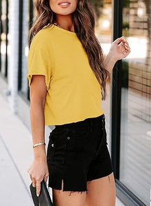 T-shirts courts à manches courtes, col rond, 100% coton respirant, couleur jaune, fabrication pakistanaise, pour filles, faible quantité minimum de commande. - Product Image 3