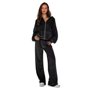 Conjunto Deportivo con Capucha para Mujer, Cierre Completo, Manga Larga, Color Sólido, Corte Holgado, Ropa Casual de Calle para Otoño con Bolsillos Laterales - Product Image 1
