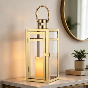 Set of 2 Stainless Steel Decorative <b>Lantern</b> 12'' High Metal <b>Candle</b> Holder <b>Outdoor</b> <b>Candle</b> <b>Lantern</b> with Tempered Glass <b>Lanterns</b> - Product Image 2