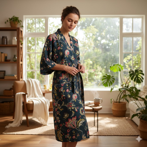 Robe Kimono en Coton en Gros, Col en V, Manches Longues, Imprimé Floral Bleu, Vêtement de Nuit et de Détente pour Femme, Robe Longue à Cordon, Fournisseur d'Usine - Product Image 4