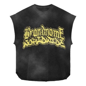 100% cotton T-shirt for men loose fit printed Mens Sleeveless TShirt Heavyweight Cotton Vintage Washed Graphic Print Custom <b>Logo</b> - Product Image 2