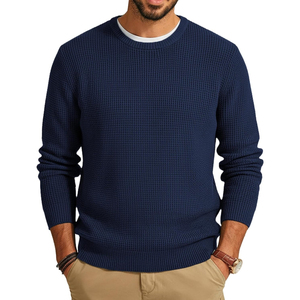 Pull à col rond bleu marine pour homme, manches longues, 100% acrylique, anti-boulochage, tricoté, vêtements d'hiver - Product Image 1