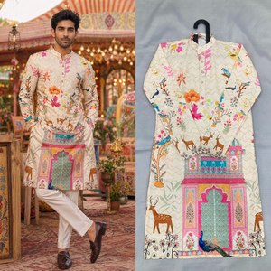 Creaciones NiMa, Kurta de Algodón con Estampado Floral para Hombre, Corte Regular, Ropa Tradicional India y Pakistaní para Bodas, Modelo con Pantalones Blancos - Product Image 3