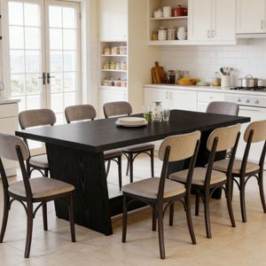 Tavolo da Pranzo in Legno Massello Rettangolare con Piano in Pietra Sinterizzata Effetto Marmo, Arredamento per Sala da Pranzo, Assemblato - Product Image 1