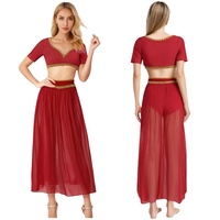 Costume de danse lyrique et de salon pour femmes, tenue de danse orientale indienne, haut court et jupe en mousseline avec bordure dorée, ensemble de cosplay de princesse arabe