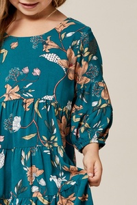 Eye Catching Boho Pine Green Color Floral Smock Dress With Tiered Ruffle Skirt & <b>Balloon</b> Sleeves Perfect Dress For Any Occasion - Product Image 4