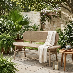 New Modern Minimalist Ciaro Wooden <b>Bench</b> Natural Solid Teak Wood Red Pulut Rattan Webbing Long <b>Bench</b> Dining Chair Patio Garden - Product Image 5