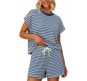 Women 2 Piece Shorts Set O Neck Short Sleeve Loose Fit Cotton Casual Summer Outfit Breathable Knitted Top and Shorts - Product Image 6