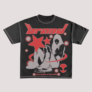 เสื้อยืดแขนสั้นผู้ชายทรงปกติ สไตล์สตรีท พิมพ์ลาย คอกลม ผ้าฝ้ายเจอร์ซีย์ 100% แต่งขอบสีตัดกัน สีดำขาว - Product Image 5