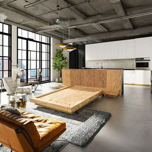 Modern large-size wooden bed set with a minimalist design. Comes with a 12-month warranty. - Product Image 1