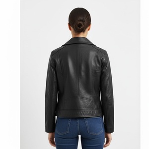 Veste moto en cuir véritable pour femme, col montant, fermeture éclair, manches longues, style automne, couleur unie, coupe classique - Product Image 2