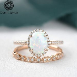 Charm_Jewells Women's Rose <b>Gold</b> Plated Oval <b>Opal</b> Engagement <b>Ring</b> Pave Setting Romantic Style - Product Image 3