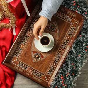 Handmade Moroccan Wooden Mosaic Serving Tray Vintage <b>Walnut</b> Wood With Mother Of Pearl <b>Shell</b> Inlay Decorative Kitchen Dining Gift - Product Image 4