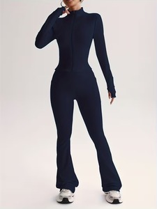 Fitted Compression <b>Exercise</b> Co Ord | Flare <b>Leg</b> Jogging Sweatsuit | Mock Neck Utility Pocket Performance Two Piece Set - Product Image 2