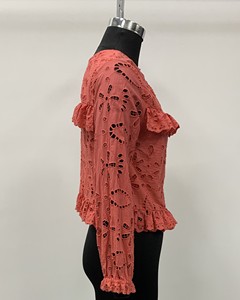 Women's <b>Coral</b> Lace Floral Blouse With Ruffles Full Sleeve Bohemian Style O-Neck <b>Top</b> Spring Summer Wear - Product Image 3