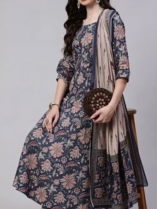 <b>Women</b> Floral Printed <b>Kurta</b> Set with Dupatta Rayon Traditional Regular Fit Midi Length Casual Wear India Pakistan Style Quick Dry - Product Image 1
