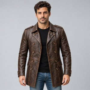 <b>Men's</b> Luxury Antique Brown <b>Leather</b> <b>Blazer</b> Double Breasted Ten Button Closure Classic Lapel Collar Distressed <b>Leather</b> Overcoat - Product Image 4
