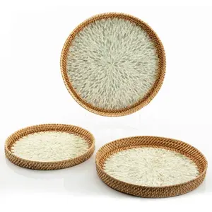 High Quality Vietnam Supplier Unique Eco-friendly Rustic Decor Serving Tray Mother Of Pearl Rattan Tray home decor for arabian R