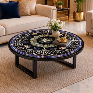 Mesa de Centro Redonda de Mármol Negro Pietra Dura, Diseño Moderno Ecológico para Celebraciones de Despedida y Día de la Independencia - Product Image 1
