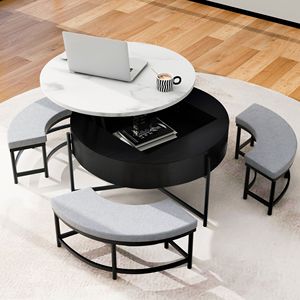 Tavolino da Caffè Moderno Rotondo con Piano Sollevabile e Contenitore, Bianco e Nero, 3 Pouf - Product Image 5