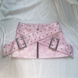 Mini-jupe en similicuir à taille haute pour femme avec boucles de ceinture, style punk, couleur unie, à porter toute l'année - Product Image 3