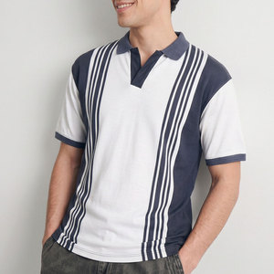 Polo de algodón a rayas blancas y azul marino para hombre, transpirable, de manga corta, informal, para adultos, de talla grande. - Product Image 1