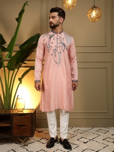 Ensemble Kurta Pyjama en Soie Rose pour Homme, Coupe Classique, Style Traditionnel Indien et Pakistanais, Longueur Genou, Idéal pour Mariage - Product Image 1