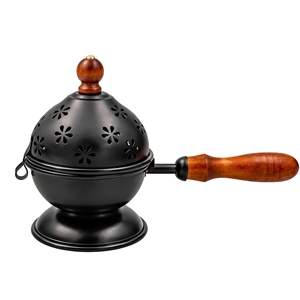 Brûleur d'encens Bakhoor en métal noir avec poignée en bois, couvercle triple lune pentacle, support pour cône de charbon et résine, pour rituels d'autel païen - Product Image 4