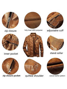 Full Grain Leather Made Other Collar Unisex Jackets Outdoor Bike Riding Wear <b>Covered</b> <b>Button</b> Closure Breathable Winter Casual - Product Image 3