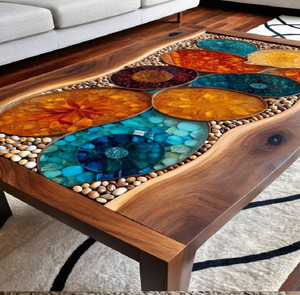 Cette table ronde moderne en résine présente un mélange parfait de formes en bois organique et de touches bleues, disponible à prix de gros. - Product Image 2