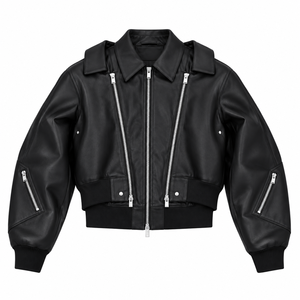 Chaqueta Bomber Slim de Cuero PU Negra para Hombre, Cuello Camisero, Cierre de Cremallera, Bolsillos Delanteros, Largo Corto, Manga Regular, Estilo Motero - Product Image 1