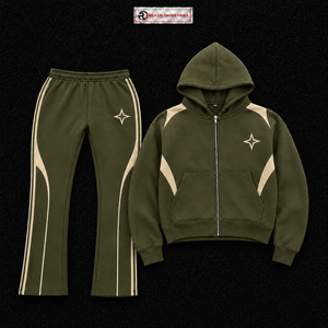 Ensemble de survêtement personnalisé pour homme, couleur olive, avec sweat à capuche zippé et pantalon évasé à empiècements contrastants beiges, ensemble deux pièces de sportswear, vente en gros OEM Streetwear - Product Image 5