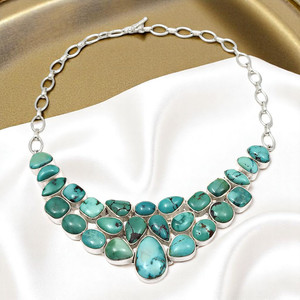 Collar de Plata de Ley 925 con Turquesa, Estilo Boho Hecho a Mano, con Engaste de Bisel y Cadena de Eslabones en Forma de Gota de Agua, Joyería para Mujer - Product Image 1