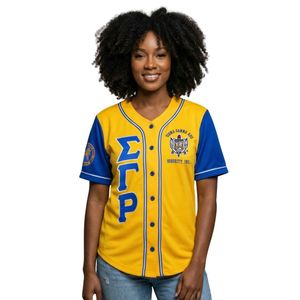 เสื้อเบสบอล Sigma Gamma Rho, เสื้อชมรมหญิงกรีก SGRho, เสื้อสเวตเชิ้ตวันแข่งขันสำหรับผู้หญิงสีน้ำเงินรอยัลทอง - Product Image 1