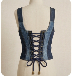 Denim <b>Patchwork</b> Corset Spaghetti Strap Halter Lace Up Fitted Bodycon Casual Streetwear Style All Seasons Wear - Product Image 4