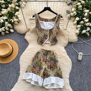 Conjuntos vintage para <span class=keywords><strong>mujer</strong></span>, top con cuello en V y pantalones cortos estampados, ropa al por mayor - Product Image 1