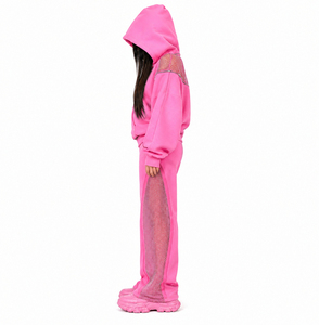 Ensemble de survêtement rose à capuche pour femme, coupe ample, avec empiècements latéraux en maille, style streetwear, joggers, couleur unie, polyester, OEM - Product Image 2