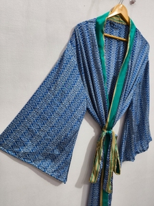 Ankle Length Silk Robe Multi Color Robe Night Wear Robe Indian Vintage Recycled Silk Sari <b>Kimono</b>, - Product Image 5