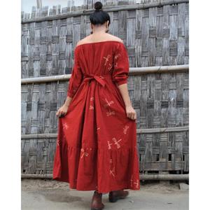 Vestido Rojo de Mujer con Cuello en V, Mini, de Punto, con Mangas Abullonadas, Estilo Boho, Casual, para Fiestas, Vacaciones, de Algodón Transpirable, Vintage, Bordado - Product Image 4