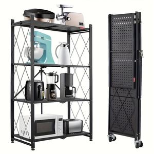 4-Tier Multi-Purpose <b>Metal</b> Organizer Foldable Storage Rack Wheels <b>Kitchen</b> Laundry Room Garage No Assembly Required <b>Shelf</b> Model - Product Image 1