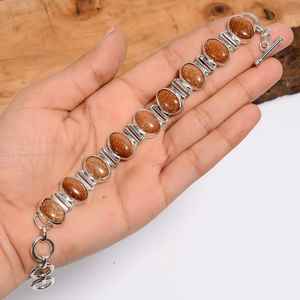 Pulsera de Plata con Piedra Solar Dorada de Forma Ovalada, Estilo Vintage, Plata de Ley 925, Joyería Bohemia, Regalo - Product Image 1