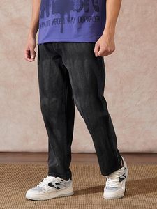 Jean en denim 100 % coton pour homme, coupe ample, taille mi-haute, jambe large, couleur unie, délavé foncé, écologique, décontracté, pour l'automne - Product Image 3