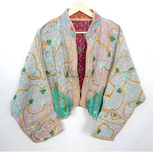 Vintage Women's 100%<b>Kantha</b> <b>Jacket</b> Handmade Indian Embroidered Bohemian Style with openclosure fashionable <b>jackets</b> floral pattern - Product Image 1